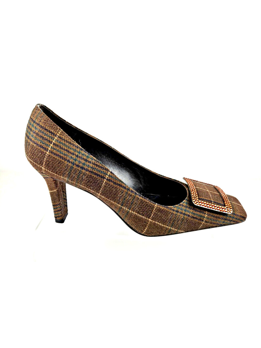 Stuart Weitzman Brown Plaid Jeweled Buckle Pumps Size 6.5 M NOS 2000s